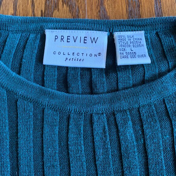 VTG Dk Green Teal Ribbed Knit Silk Pull Over Sweater Top Petite L Dark Academia - Picture 3 of 5